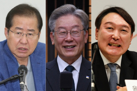 홍준표(왼쪽) 국민의힘 의원, 이재명(가운데) 경기도지사, 윤석열 전 검찰총장. 연합뉴스